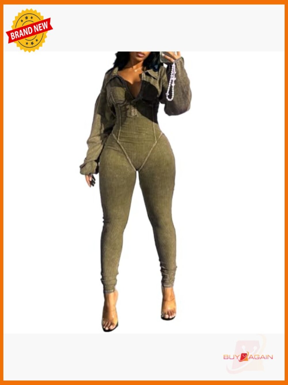 Womens Casual V Neck Long Sleeve Jumpsuit Romper Bodycon One Piece - Picture 5 of 5